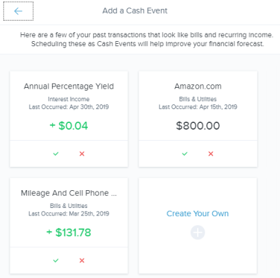 Cash flow add a cash event page