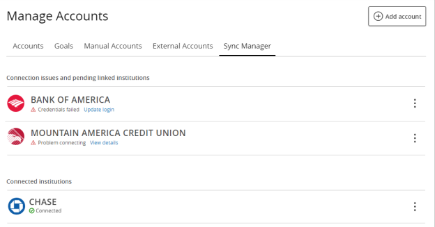 sync manager tab showing linked institutions