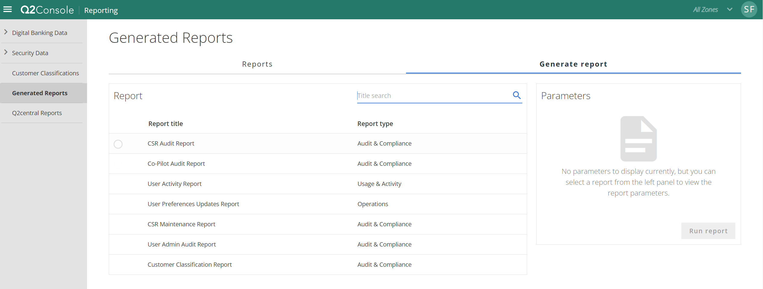 Generated reports page showing report list