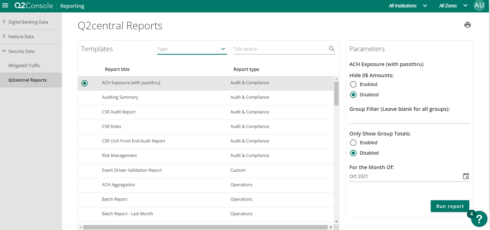 Q2central Reports tab