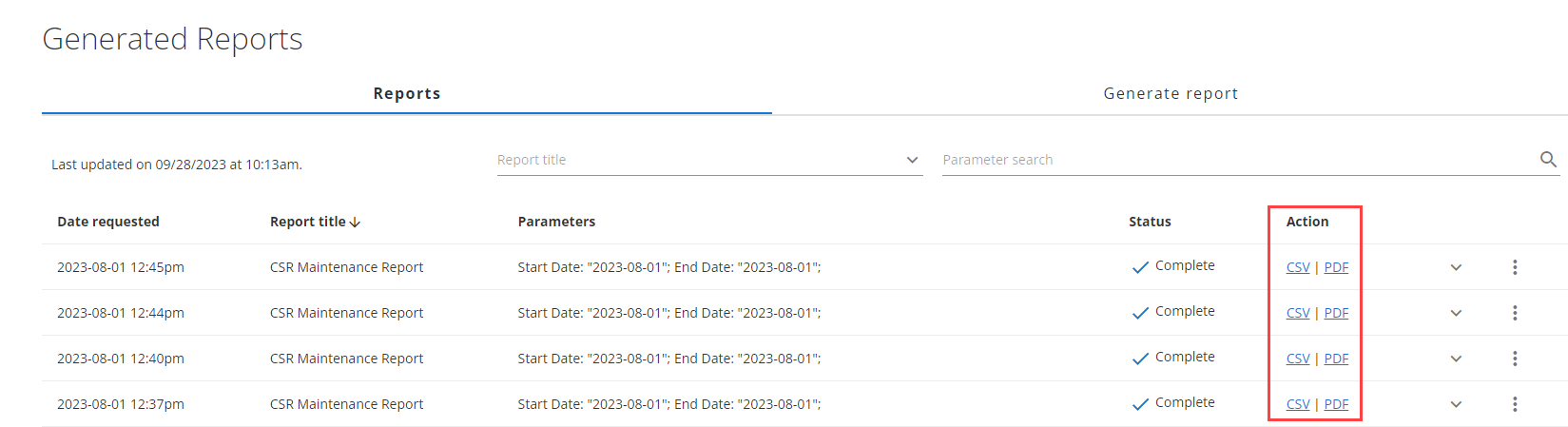 reports section of generated reports, with the action column highlighted