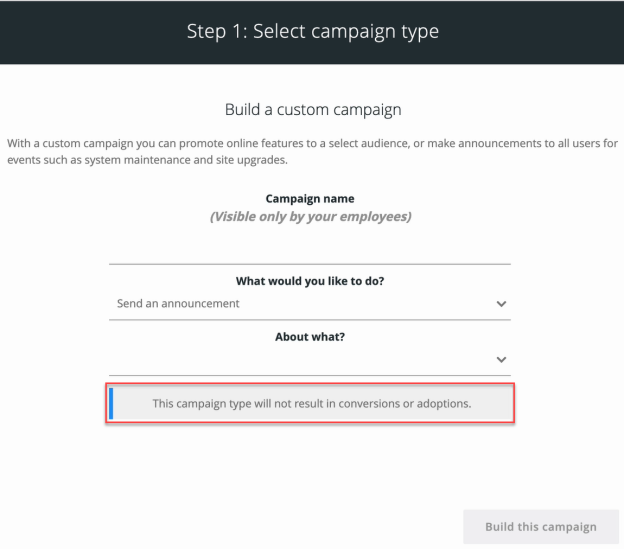 step one of campaign builder showing error of conversions and adoptions