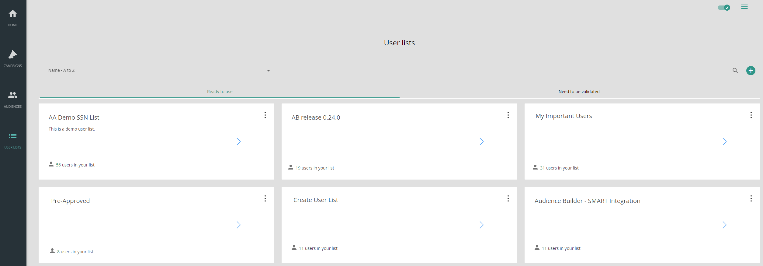 user lists page in Q2 SMART with audience builder