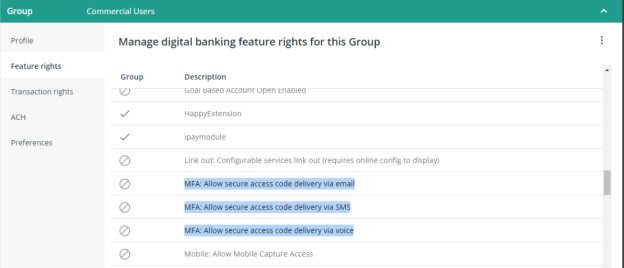 manage feature rights showing MFA highlighted